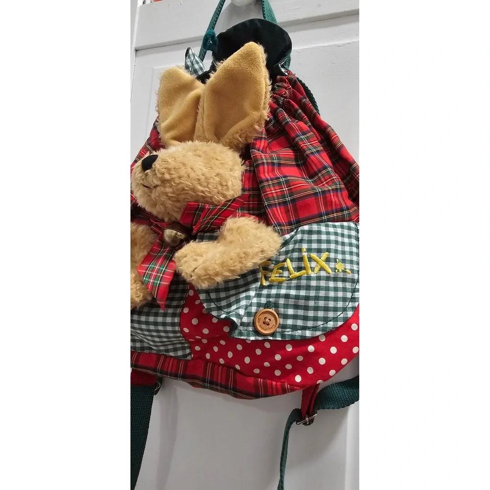 Die Spiegelburg Felix the Rabbit Plush Kids Backpack Plaid Gingham Red Green
